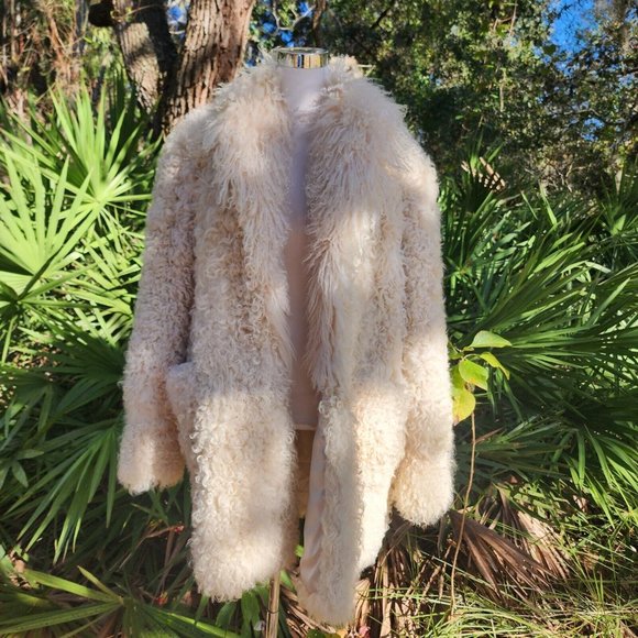 Vintage Jackets & Blazers - Vintage Genuine Shearling Mongolian Lamb Fur Shag Curly Ivory Long Coat 70's